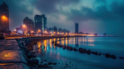 A serene coastal cityscape at dusk, featuring illuminated buildings and calm waters.
