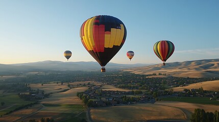 Obraz premium Brightly colored hot air balloons floating above a scenic countryside