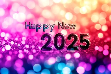 Bright and colorful "Happy New Year 2025" text with fireworks and soft bokeh lights.