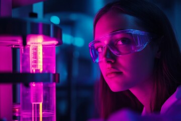 A young scientist studies an innovative experiment in a vibrant laboratory. The bright colors create a modern and dynamic atmosphere. Science and creativity unite. Generative AI