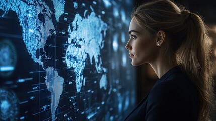 Businesswoman Analyzing Global Data on Blue Multiple Screens