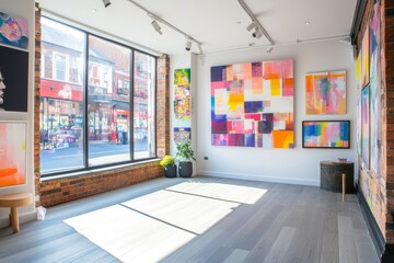 Bright and colorful art gallery interior with vibrant artworks on display. Natural light fills the space with warmth and creativity. A perfect spot for inspiration. Generative AI