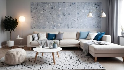 Scandinavian living room interior design zoom background,Doodle patterned wallpaper graphics
