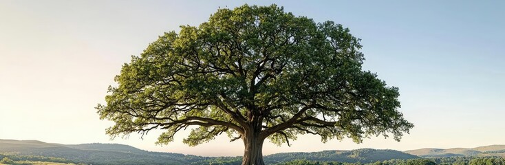 Majestic oak tree on a lush green field against a clear blue sky.