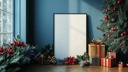 A cozy holiday living room corner with a decorated Christmas tree and gift-wrapped presents