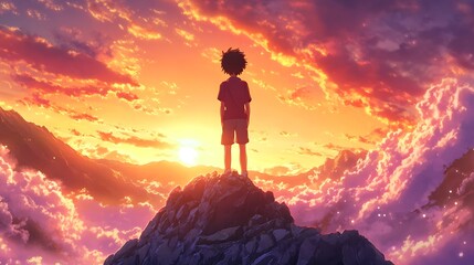 Obraz premium Anime boy standing on a mountain peak with a glowing sunset in the background