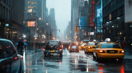 Obraz premium A Bustling New York Street in the Rain