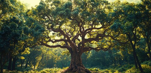 Fototapeta premium Majestic tree with lush green leaves in a vibrant forest scene