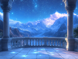a majestic castle perched on a cliff with elegant fantasy balcony overlooking a breathtaking mountain landscape at night.