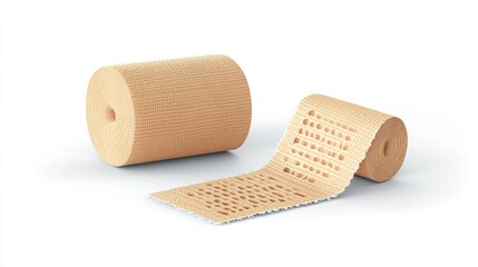 Beige rectangular adhesive bandage for medical care and wound protection. Cartoon band-aid with front and back views isolated on white. 3D rendering. 