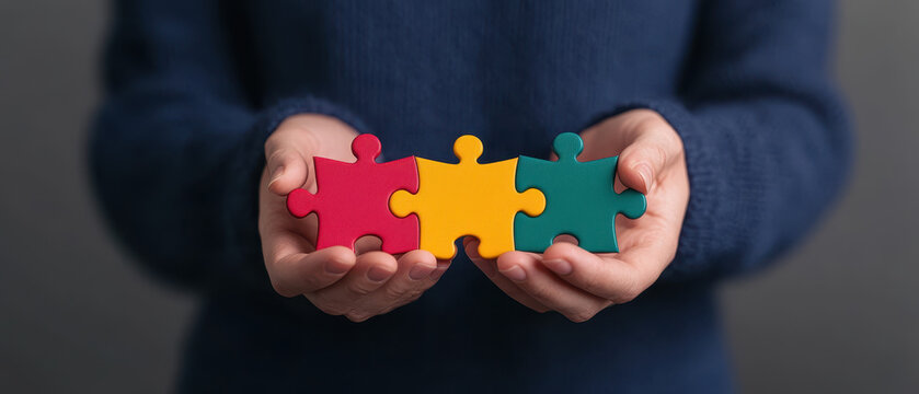 Diverse people holding colorful puzzle pieces symbolizing teamwork and success. image conveys collaboration and unity in problem solving