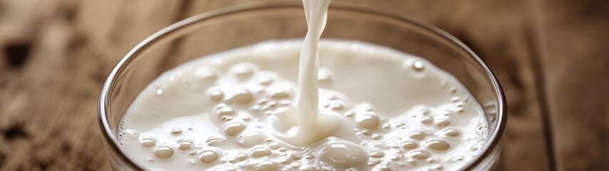 Close-up of fresh milk pouring into a glass, creating bubbles and splashes, perfect for food and beverage photography.