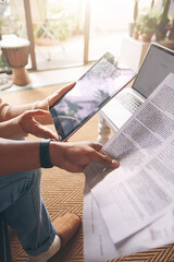 Home, bills and hands of couple with tablet, rent application or paperwork for online tax budget. Research, man and woman on couch with documents, mortgage contract or digital app for financial plan