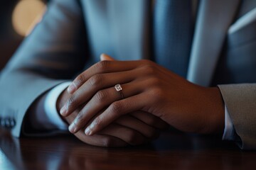 A close view of elegantly clasped hands showcasing a stylish ring on a formal business suit. The image evokes professionalism and sophistication. Generative AI