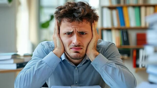 Distraught Young Man Surrounded by Stacks of Paperwork in Office, Struggling with Stress and Overwhelm, Conveying Feelings of Anxiety and Pressure