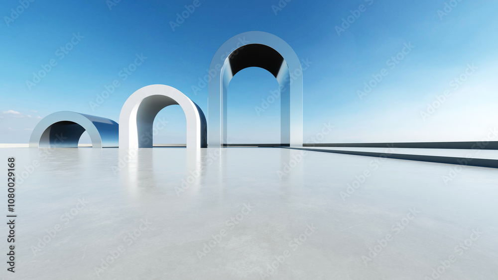Poster 3d render of white arch futuristic architecture, abstract wavy structure with empty concrete floor