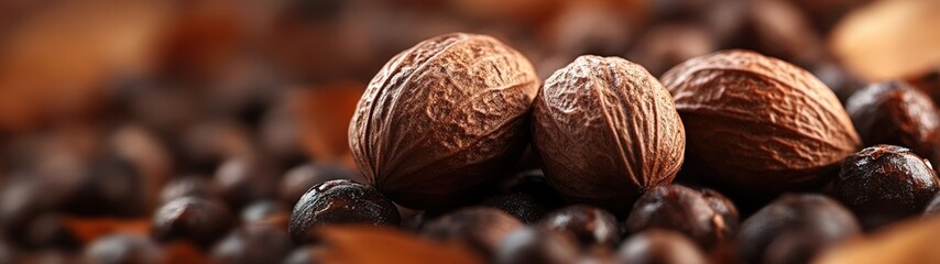 Close-up of whole nut and coffee beans on a textured surface, showcasing rich colors and natural elements perfect for food photography.