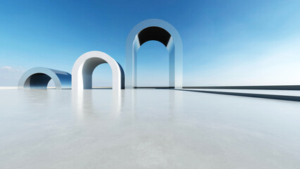 3d render of white arch futuristic architecture, abstract wavy structure with empty concrete floor