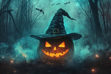 Eerie JackoLantern in Spooky Forest with Glowing Orange Eyes and Wicked Witch Hat