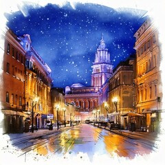 Fototapeta premium Watercolour city skyline at night