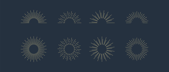 Fireworks. Vintage sunburst collection. Bursting golden sun rays. Vintage sunburst set. Bursting rays sunrise firework starburst blast, Radiant Spark. Logotype or lettering design element. Vector