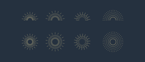 Fireworks. Vintage sunburst collection. Bursting golden sun rays. Vintage sunburst set. Bursting rays sunrise firework starburst blast, Radiant Spark. Logotype or lettering design element. Vector