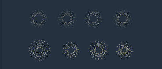 Fireworks. Vintage sunburst collection. Bursting golden sun rays. Vintage sunburst set. Bursting rays sunrise firework starburst blast, Radiant Spark. Logotype or lettering design element. Vector