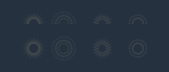 Fireworks. Vintage sunburst collection. Bursting golden sun rays. Vintage sunburst set. Bursting rays sunrise firework starburst blast, Radiant Spark. Logotype or lettering design element. Vector