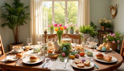 Festive Easter brunch setup with colorful decorations and delicious food on a bright table