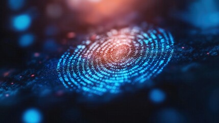 A vibrant digital fingerprint pattern radiates intricate circles of light, showcasing a blend of blue and orange hues, symbolizing technology and identity.