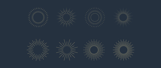 Fireworks. Vintage sunburst collection. Bursting golden sun rays. Vintage sunburst set. Bursting rays sunrise firework starburst blast, Radiant Spark. Logotype or lettering design element. Vector