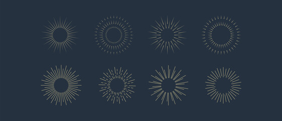 Fireworks. Vintage sunburst collection. Bursting golden sun rays. Vintage sunburst set. Bursting rays sunrise firework starburst blast, Radiant Spark. Logotype or lettering design element. Vector