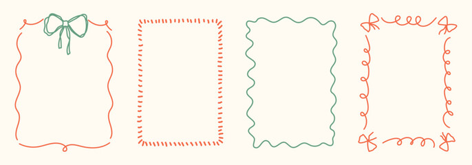 Hand Drawn frame set with doodle bows, ribbons. Whimsical line borders for birthday, christmas, wedding Invitations. Coquette bow set. Vintage minimalist elements in trendy line art style. Vector illu