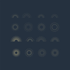 Fireworks. Vintage sunburst collection. Bursting golden sun rays. Vintage sunburst set. Bursting rays sunrise firework starburst blast, Radiant Spark. Logotype or lettering design element. Vector