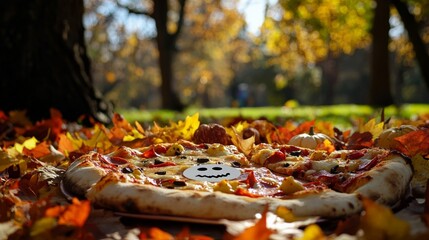 Colorful Autumn Leaves Surrounding a Fun Pizza with a Skull Design on Light Brown Crust in a Park Setting