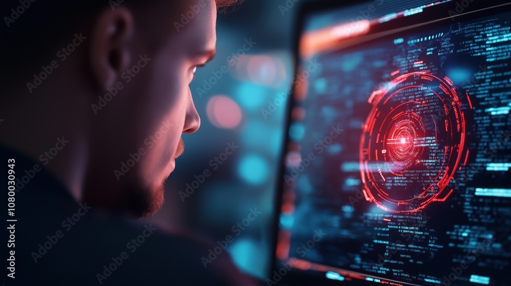 Wall mural a focused individual analyzes complex data on a high-tech screen illuminated in vibrant colors, hint