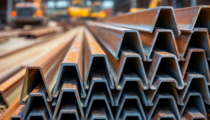 Obraz premium Neatly stacked metal I-beams at a construction yard with an industrial background.