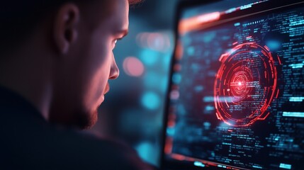 A focused individual analyzes complex data on a high-tech screen illuminated in vibrant colors, hinting at technology or cybersecurity themes.