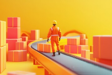 A man in an orange jumpsuit is walking down a conveyor belt with boxes
