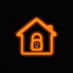 Neon House with Lock Icon in Glowing Orange, Concept for Home Security and Safety