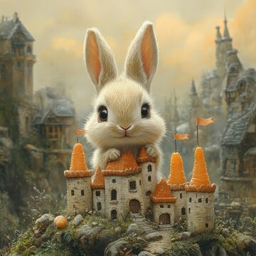 A cute bunny rabbit stands on a miniature castle made of carrots with a fairytale town in the background.