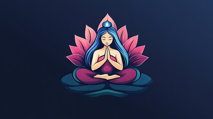 Meditating woman on isolated background, logo