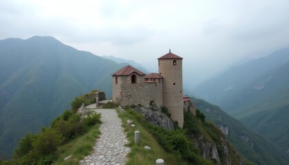 Fototapeta premium Enchanting stone castle perched atop a mountain overlooking a serene valley