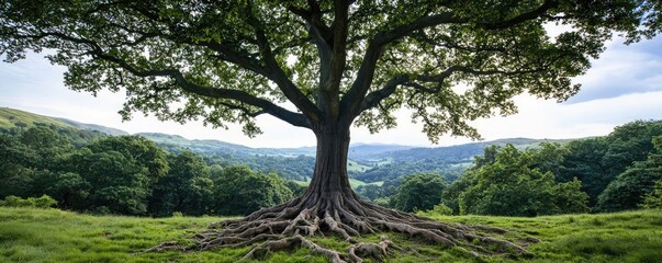 Majestic tree with strong roots, surrounded by lush green landscape.