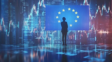 European Union economy and finance . a businessman standing in front of a digital trading platform, economic growth, stock market chart, investment trends global challenges and opportunities.	