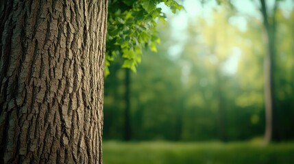 Fototapeta premium Close-up of a textured tree bark in a lush green forest setting.
