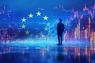 European Union economy and finance . a businessman standing in front of a digital trading platform, economic growth, stock market chart, investment trends global challenges and opportunities.	