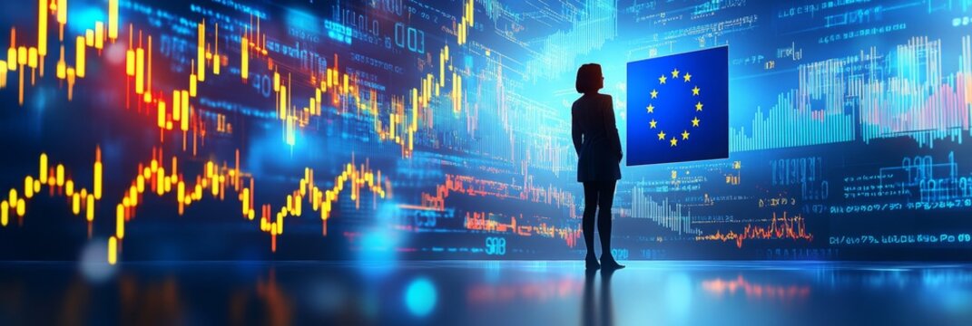 European Union economy and finance . a businessman standing in front of a digital trading platform, economic growth, stock market chart, investment trends global challenges and opportunities.	 - Powered by Adobe