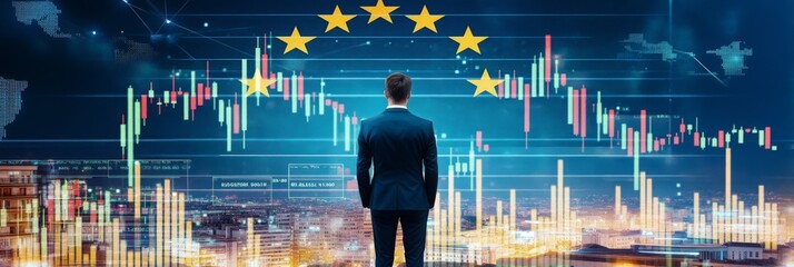 European Union economy and finance . a businessman standing in front of a digital trading platform, economic growth, stock market chart, investment trends global challenges and opportunities.	