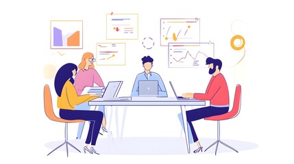 A team in a contemporary office, discussing ideas around a table with laptops, charts, and notebooks, showing collaboration and innovation.